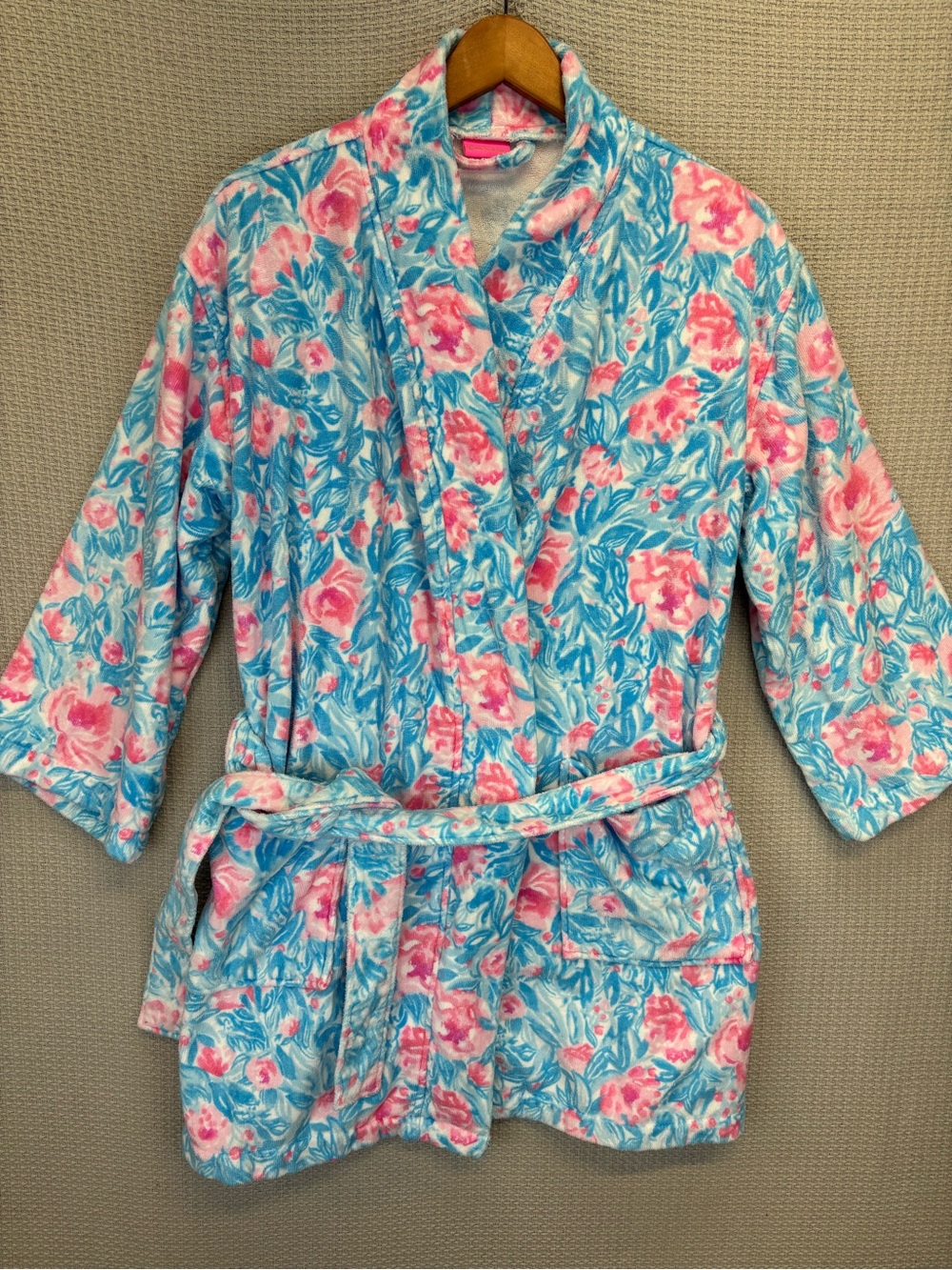 Lilly Pulitzer Floral Terry Short Robe Pink Blue One Size Designer EUC